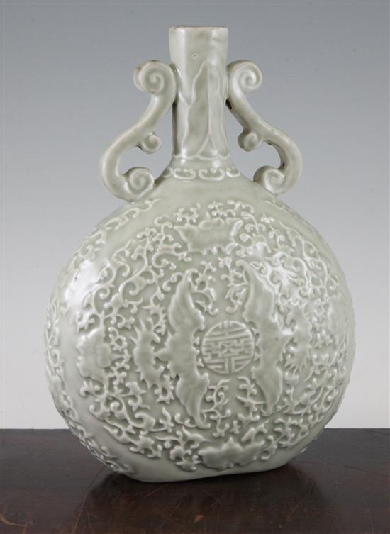 Chinese moulded and celadon glazed moonflask, Yongzheng mark but later, 24.2cm(-)